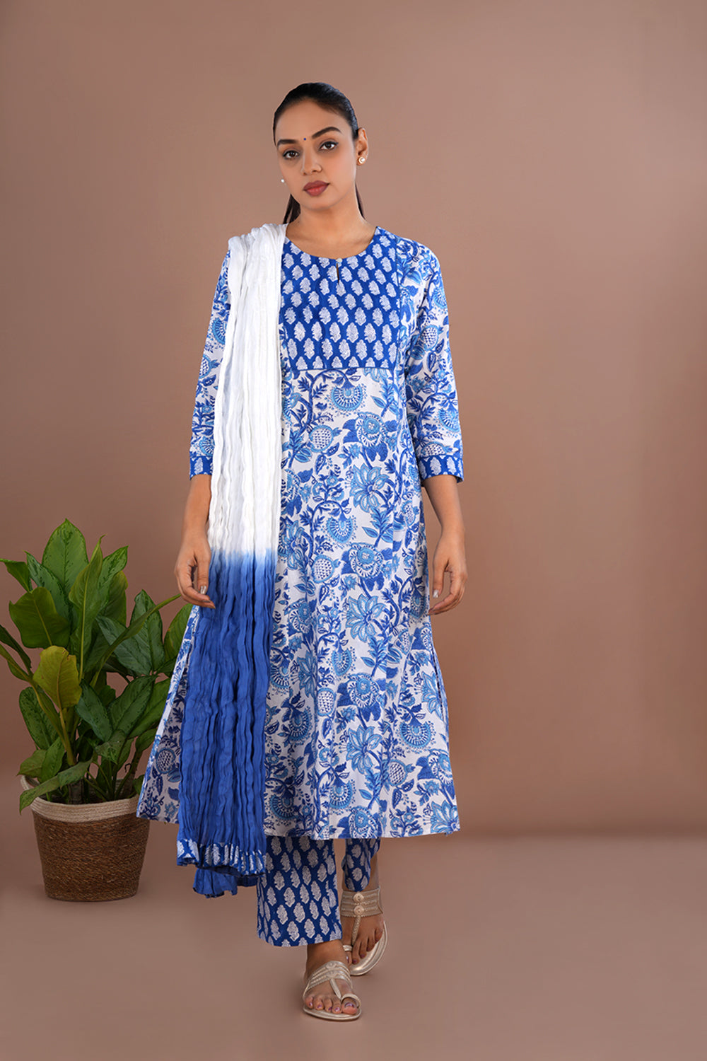 Image of Blue Floral Sanganeri block printed cotton kurta set